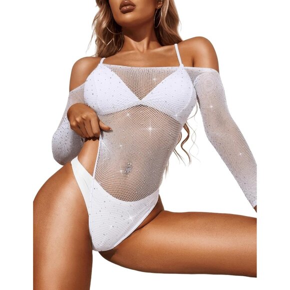 Women White 1 Lingerie Fishnet Teddy Sparkle Rhinestone 1 Piece Mesh Bodysuit - Picture 3 of 5